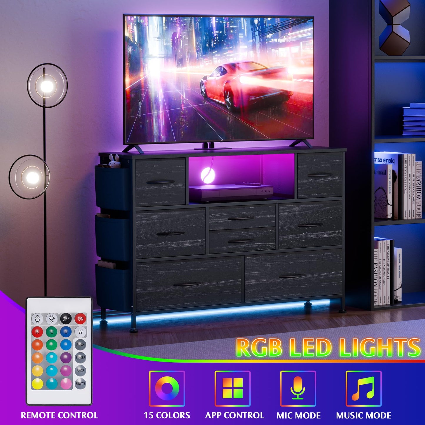 Laintene 8 Drawer Dresser, Black Dresser with Power Outlets LED Lights, Fabric Dressers for Bedroom TV Stand with Side Pocket, Chest of Drawers for up to 50" TV