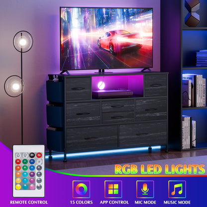 Laintene 8 Drawer Dresser, Black Dresser with Power Outlets LED Lights, Fabric Dressers for Bedroom TV Stand with Side Pocket, Chest of Drawers for up to 50" TV