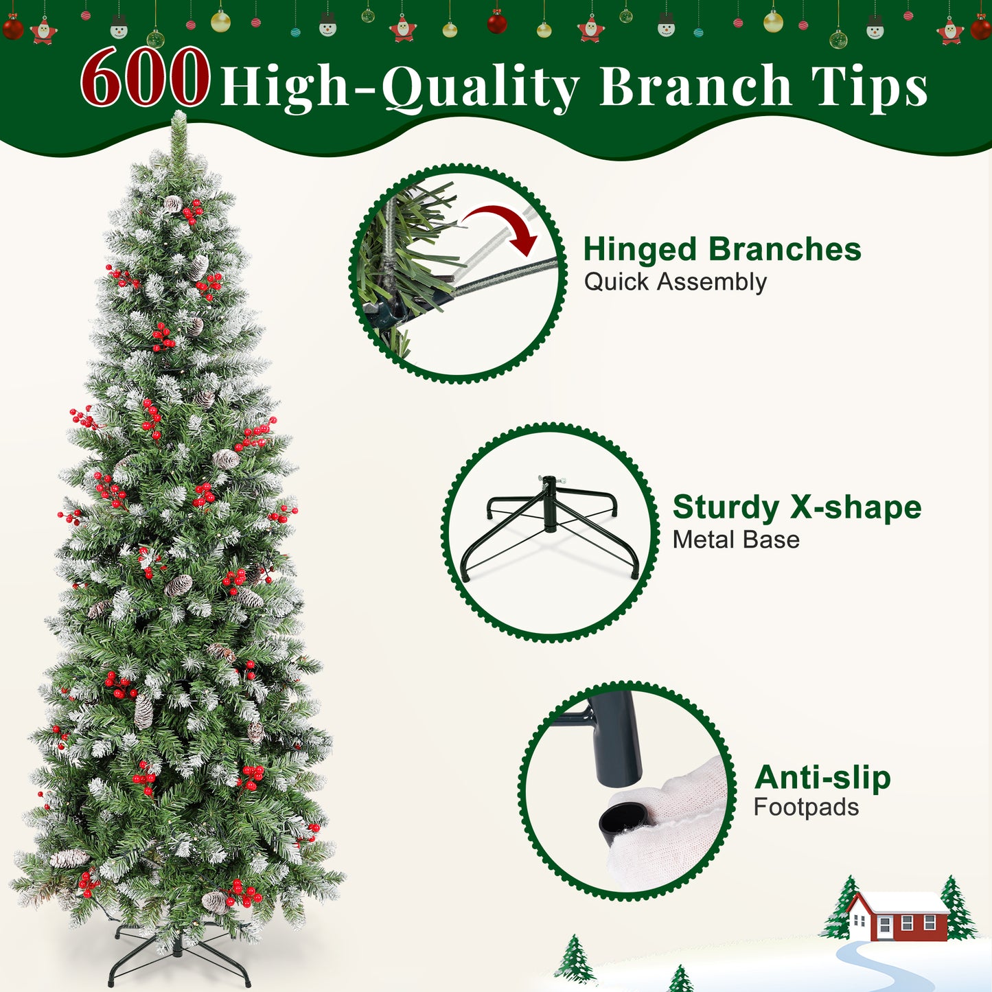 Laintene 6FT Pre-Lit Slim Pencil Christmas Tree | 200 Warm White LED Lights, 600 Tips, 40 Pine Cones & 280 Red Berries, Hinged Design for Small Spaces