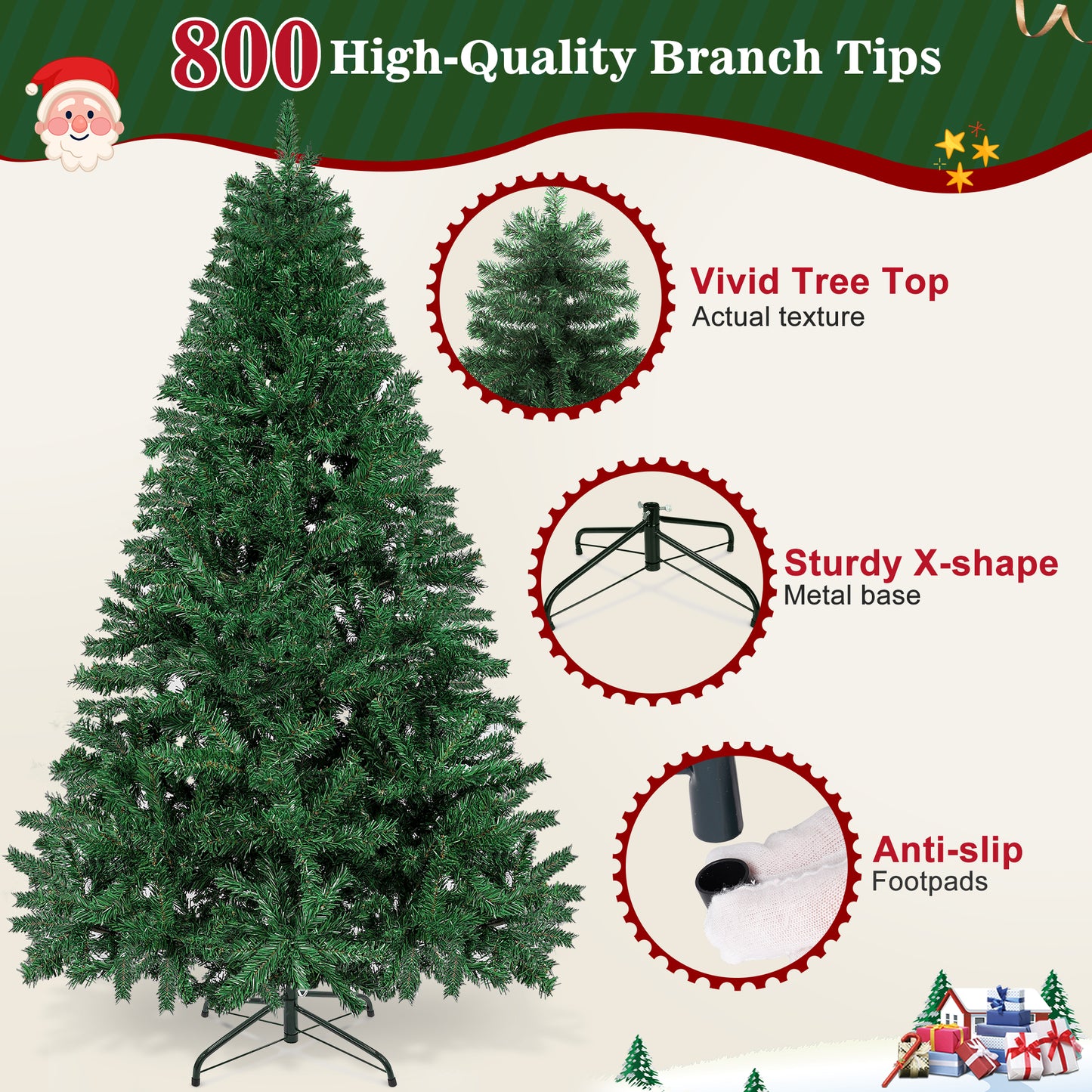 Laintene 6FT Artificial Christmas Tree with 800 Realistic Branch Tips, Premium Indoor/Outdoor Fir Xmas Tree with Sturdy Metal Stand, Easy Assembly & Storage, Green