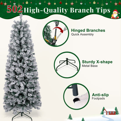 Laintene 6FT Pre-Lit Flocked Pencil Christmas Tree with 600 Tips & 200 Colored Lights, Slim Artificial Xmas Tree for Small Spaces, Metal Stand, White