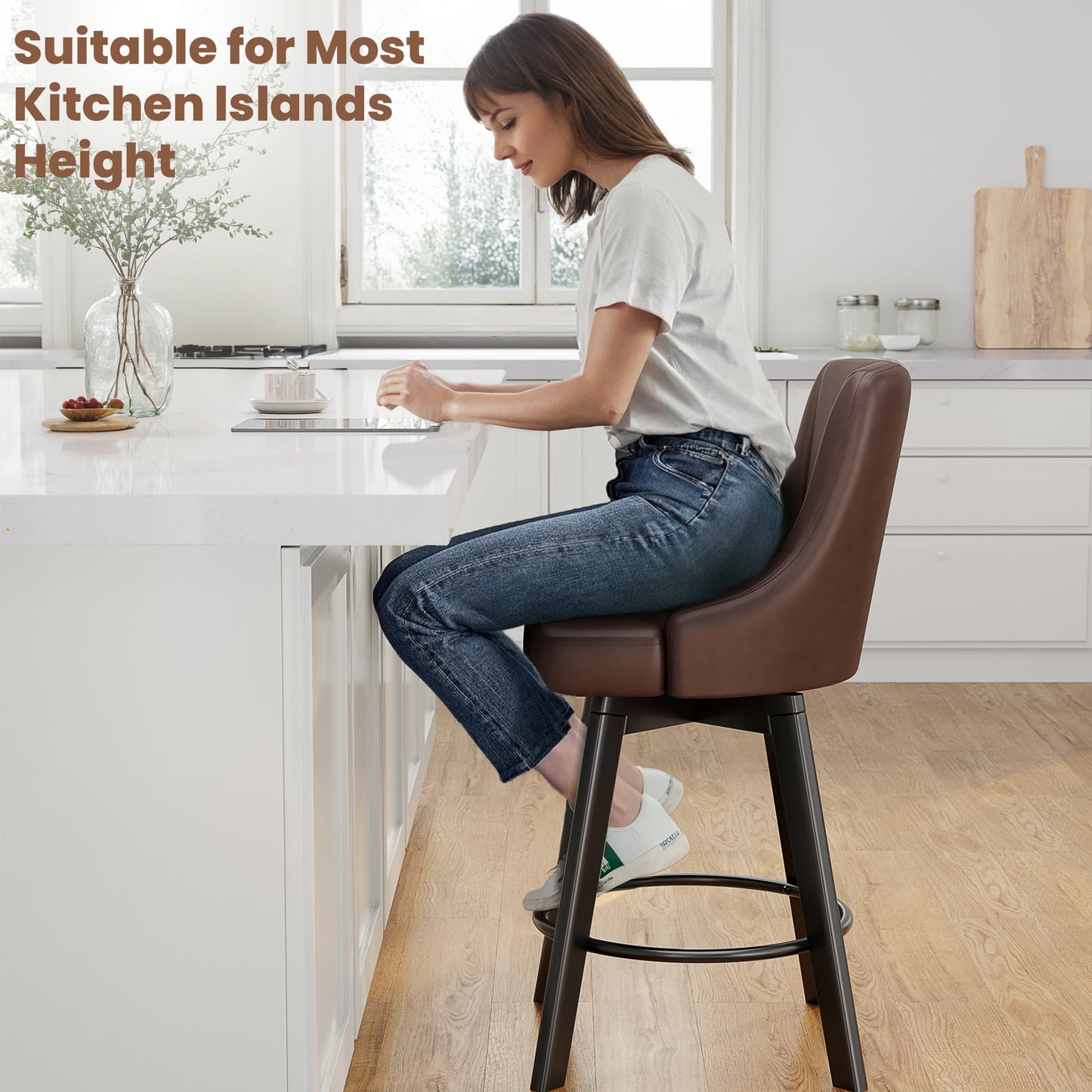LainTene 24" Counter Height Swivel Bar Stools Set of 4, PU Leather Upholstered Counter Barstools with Solid Wood Legs and Backs for Kitchen Island, Home Bar