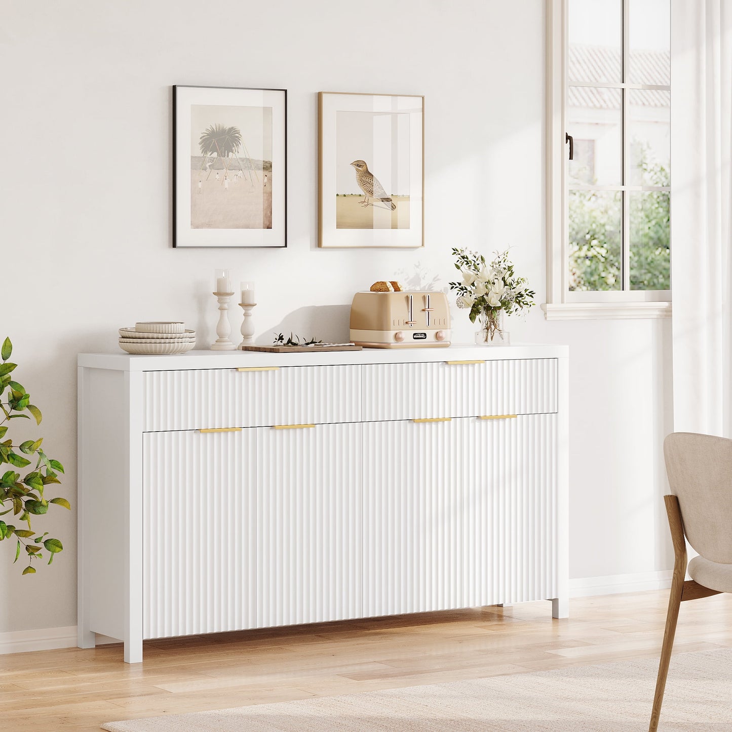 Laintene Fluted Sideboard, Storage Buffet Cabinet with Drawers, 55" TV Cabinet for Living Room with Adjustable Shelves, Wooden Accent Cabinet, White Set of 2