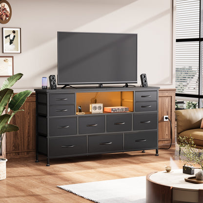 Laintene TV Stand 60 inch, Dresser for Bedroom with LED Lights Power Outlets, 11 Drawer Dresser TV Stands for Living Room, Fabric Chest of Drawers, PU Black