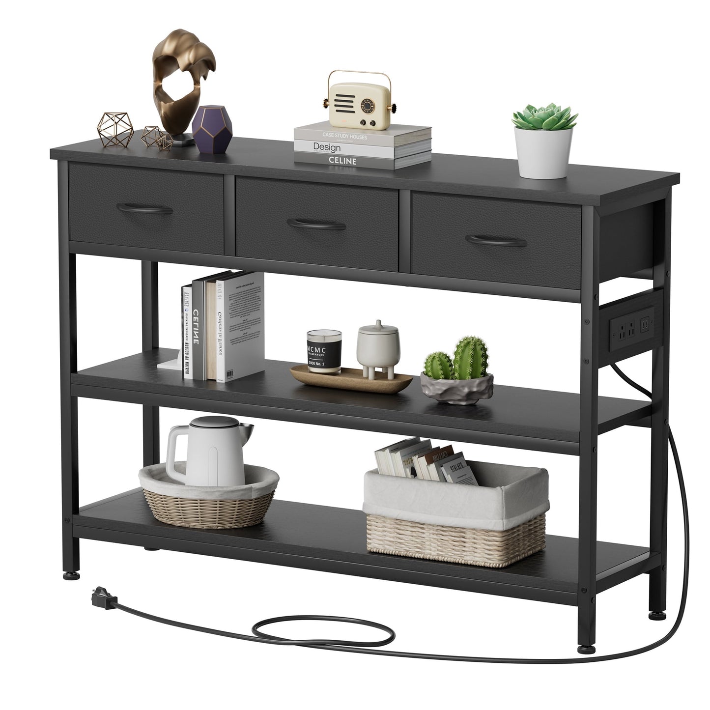 Valu4me 43.3" Console Table with Power Outlets & USB Ports, Narrow Sofa Table with 3 Fabric Drawers for Hallway, Foyer, Living Room, Black