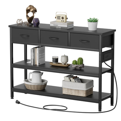 Valu4me 43.3" Console Table with Power Outlets & USB Ports, Narrow Sofa Table with 3 Fabric Drawers for Hallway, Foyer, Living Room, Black