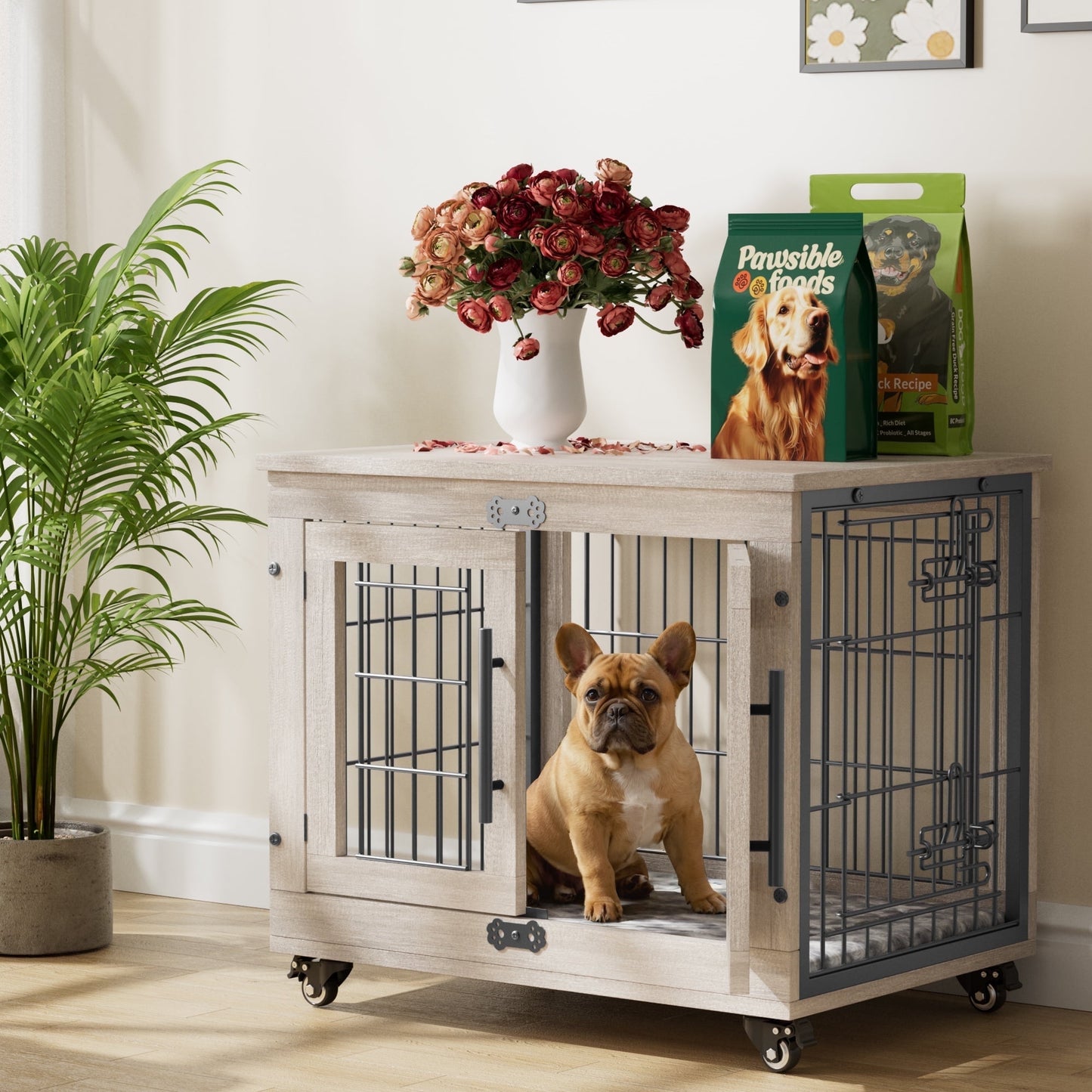 LainTene Wooden Dog Crate Furniture, Double Doors Dog Kennels for Inside with Pads and Wheels, Heavy Duty Dog Cage for Small Dogs, Gray