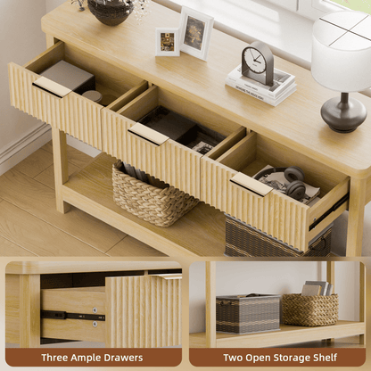 Laintene Console Table for Entryway, 51" Fluted Sofa Table with 3 Drawers and Open Shelf, Modern Narrow Display Shelf for Hallway Living Room, Natural Oak Set of 2