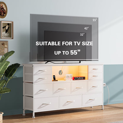 Laintene TV Stand 60 inch, Dresser for Bedroom with LED Lights Power Outlets, 11 Drawer Dresser TV Stands for Living Room, Fabric Chest of Drawers, White