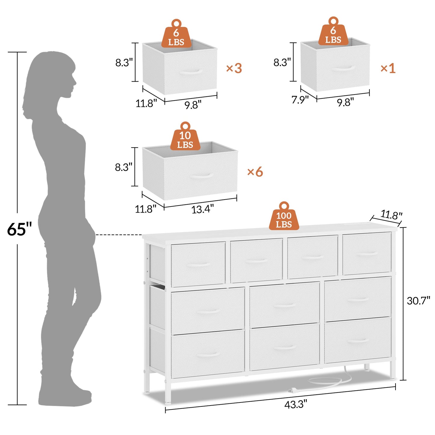 Laintene Dresser for Bedroom, TV Stand for 50" Long TV with Power Outlet, 10 Drawer Dresser for Closet, Fabric Chest of Drawers Entertainment Center for Living Room, Hallway, Entryway, White