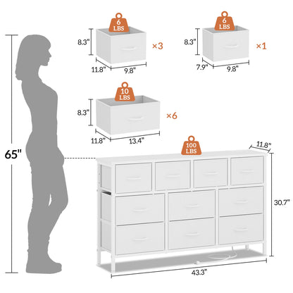 Laintene Dresser for Bedroom, TV Stand for 50" Long TV with Power Outlet, 10 Drawer Dresser for Closet, Fabric Chest of Drawers Entertainment Center for Living Room, Hallway, Entryway, White