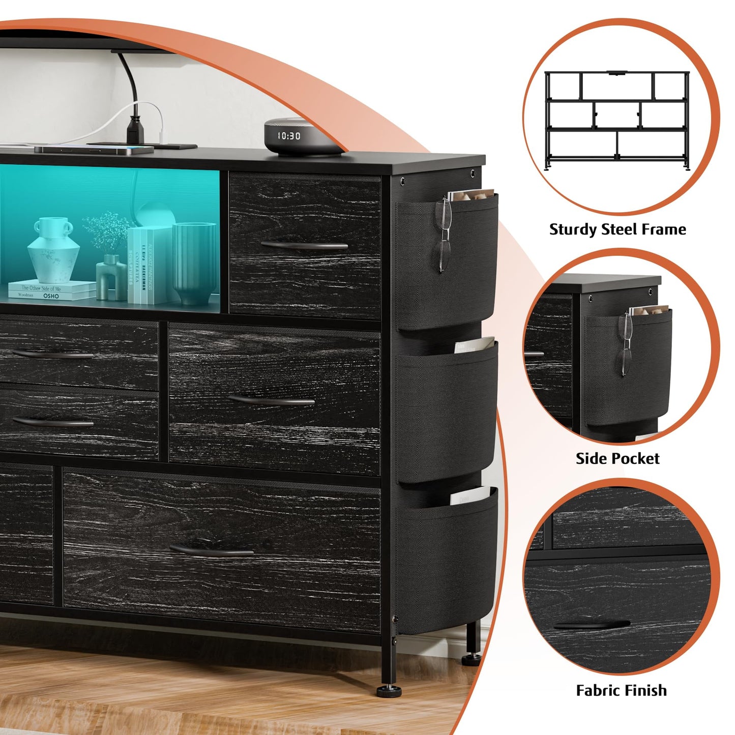 Laintene 8 Drawer Dresser, Black Dresser with Power Outlets LED Lights, Fabric Dressers for Bedroom TV Stand with Side Pocket, Chest of Drawers for up to 50" TV