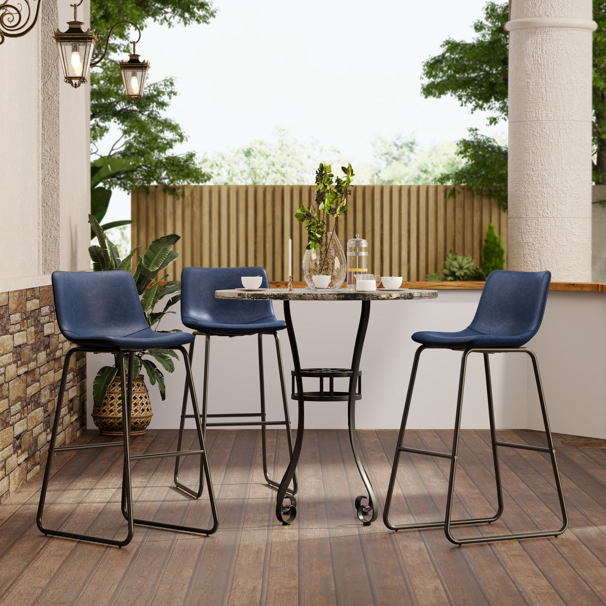 LainTene 30" Bar Stools Set of 3 – Faux Leather Counter Height Stools with Backrest & Footrest, Heavy-Duty Metal Frame for Kitchen, Bar, Living Room, Blue