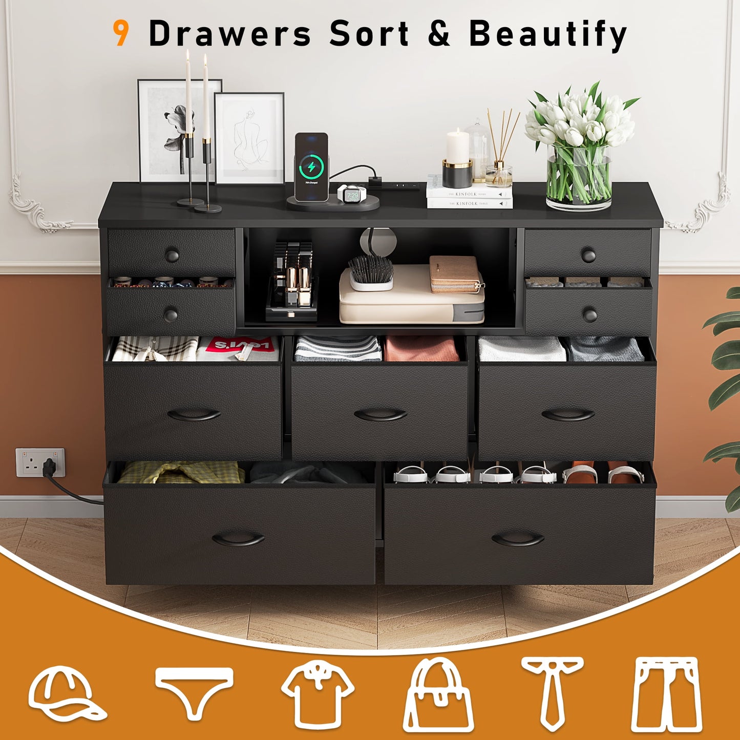 Laintene Bedroom Dresser with LED Lights, 9-Drawer Fabric Chest of Drawers, PU Black Dresser TV Stand with Power Outlet and Side Pocket, Wide Storage Unit for up to 50" TV