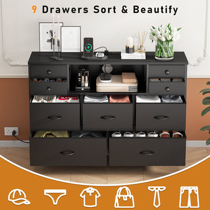 Laintene Bedroom Dresser with LED Lights, 9-Drawer Fabric Chest of Drawers, PU Black Dresser TV Stand with Power Outlet and Side Pocket, Wide Storage Unit for up to 50" TV