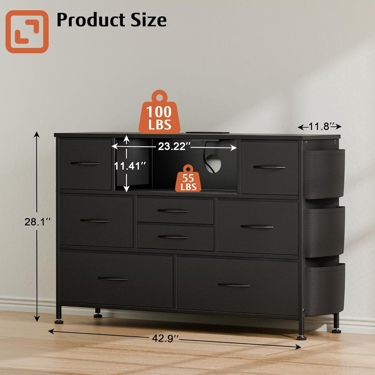 Laintene 8 Drawer Dresser, Black Dresser with Power Outlets LED Lights, Fabric Dressers for Bedroom TV Stand with Side Pocket, Chest of Drawers for up to 50" TV