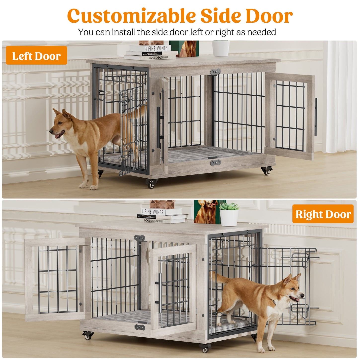 LainTene Dog Crate Furniture, Dog Kennels for Inside with Pads and Wheels, Heavy Duty Pet House for Small Medium Dogs, Gray