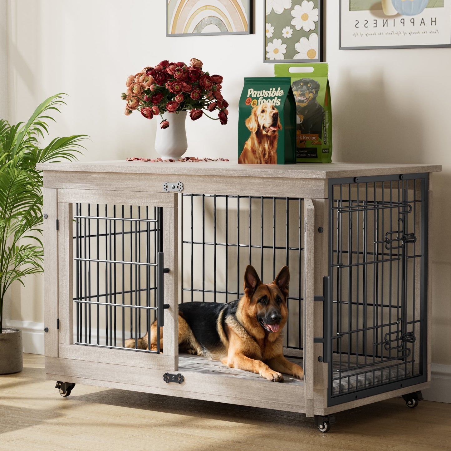 Laintene Dog Crate Furniture, Dog Kennels for Inside with Pads and Wheels, Heavy Duty Pet House for Medium to Large Dogs, Gray