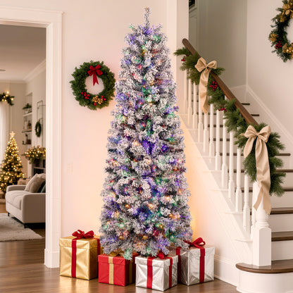 Laintene 6FT Pre-Lit Flocked Pencil Christmas Tree with 600 Tips & 200 Colored Lights, Slim Artificial Xmas Tree for Small Spaces, Metal Stand, White
