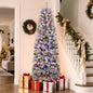 Laintene 6FT Pre-Lit Flocked Pencil Christmas Tree with 600 Tips & 200 Colored Lights, Slim Artificial Xmas Tree for Small Spaces, Metal Stand, White