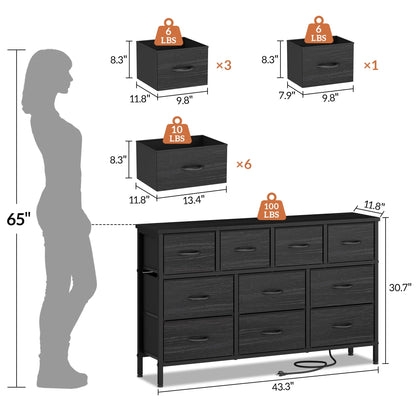 Laintene Dresser for Bedroom, TV Stand for 50" Long TV with Power Outlet, 10 Drawer Dresser for Closet, Fabric Chest of Drawers Entertainment Center for Living Room, Hallway, Entryway, Black