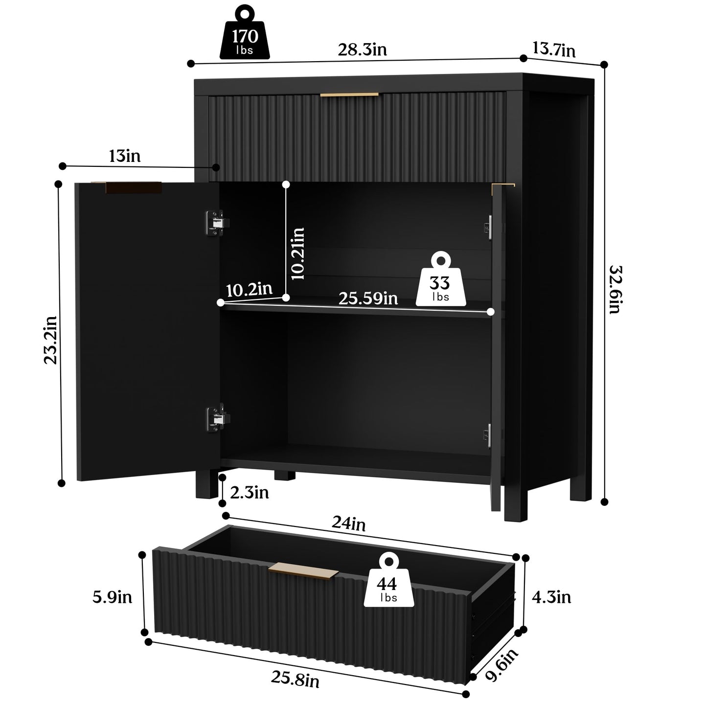 Laintene Storage Cabinet Set of 3, Sideboard Buffet Cabinet with Storage Drawer and Adjustable Shelf, 28" Wooden Accent Entryway TV Cabinet for Living Room, Black
