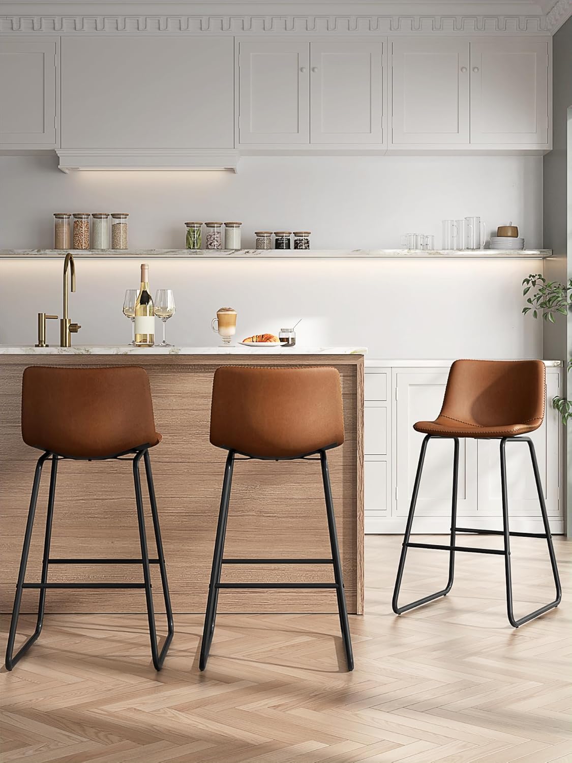 LainTene 26" Bar Stools Set of 2 – Faux Leather Counter Height Stools with Backrest & Footrest, Heavy-Duty Metal Frame for Kitchen, Bar, Living Room, Dark Brown