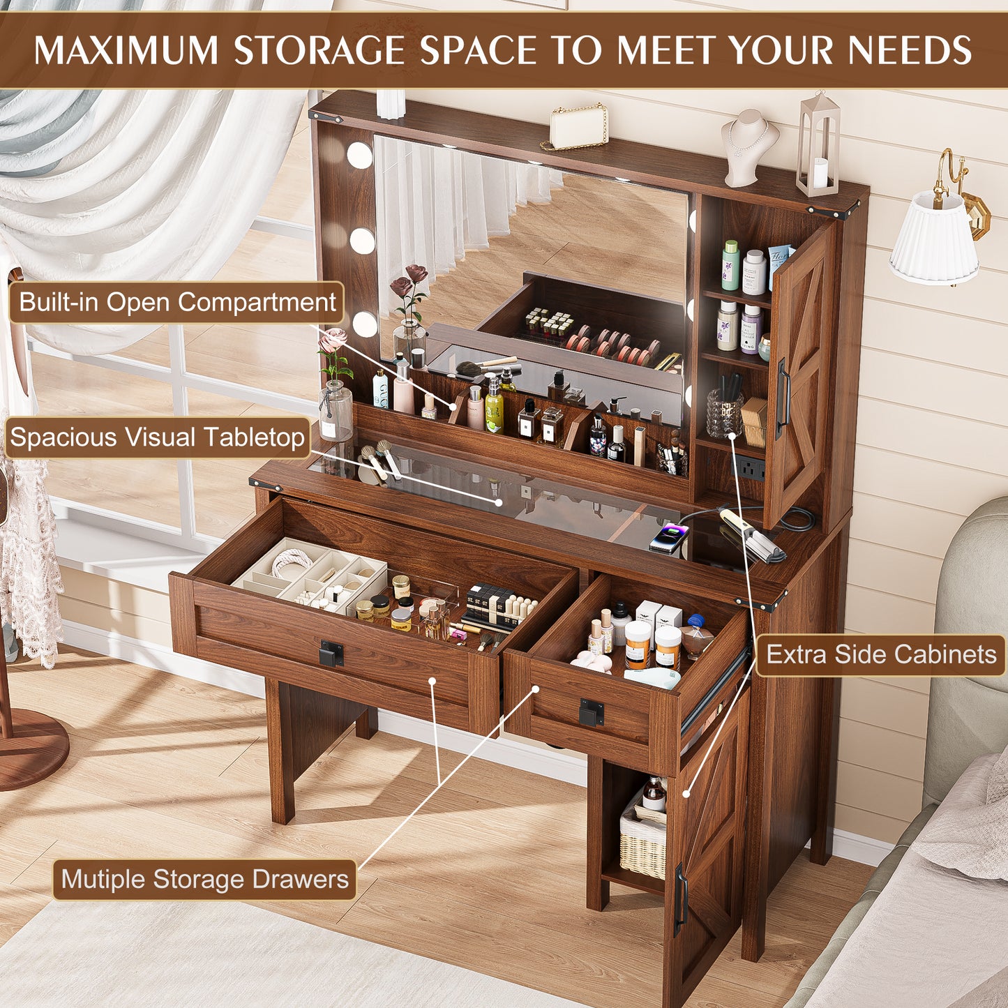LainTene Farmhouse Makeup Vanity Desk with Mirror and Lights, Modern Glass Tabletop Vanity Table with Storage Shelves & Drawers for Bedroom, Brown