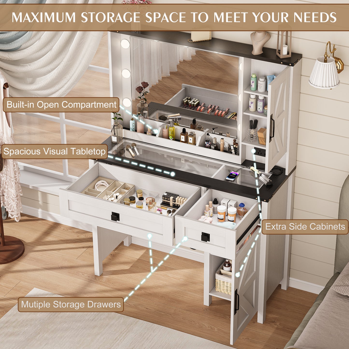 LainTene Farmhouse Vanity Desk with LED Mirror & Charging Station – Makeup Vanity Set with Glass Top, 2 Drawers & Storage Shelves, Rustic White Dressing Table