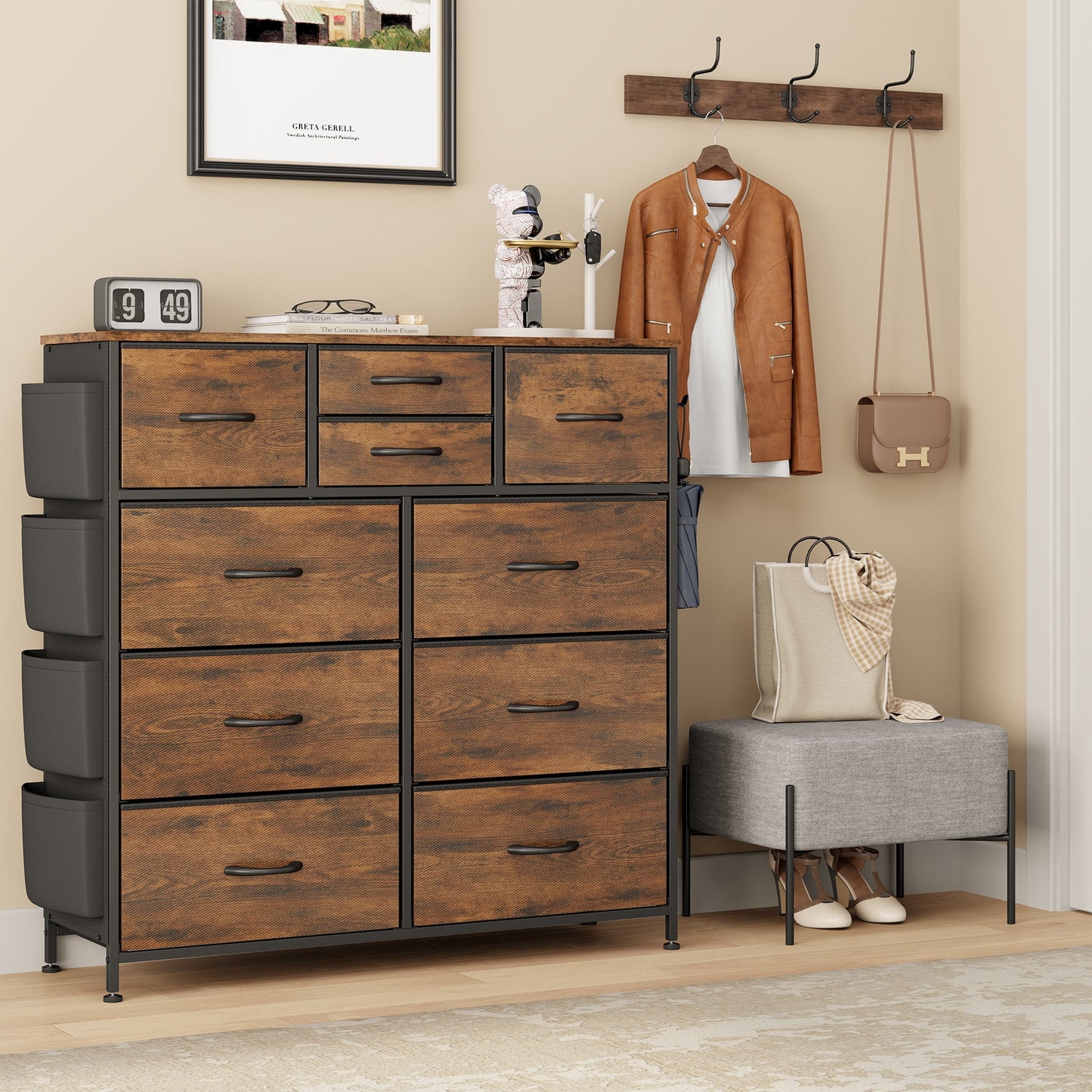 Dresser for Bedroom, Storage Organizer with 10 Drawers, Chest of Drawers with Fabric Bins, Sturdy Metal Frame, Wood Tabletop for Guest Room, Closet, Entryway,Brown