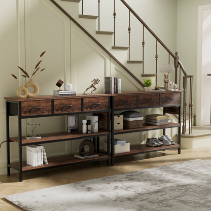 Valu4me 43.3" Console Table with Power Outlets & USB Ports, Narrow Sofa Table with 3 Fabric Drawers for Hallway, Foyer, Living Room, Rustic Brown