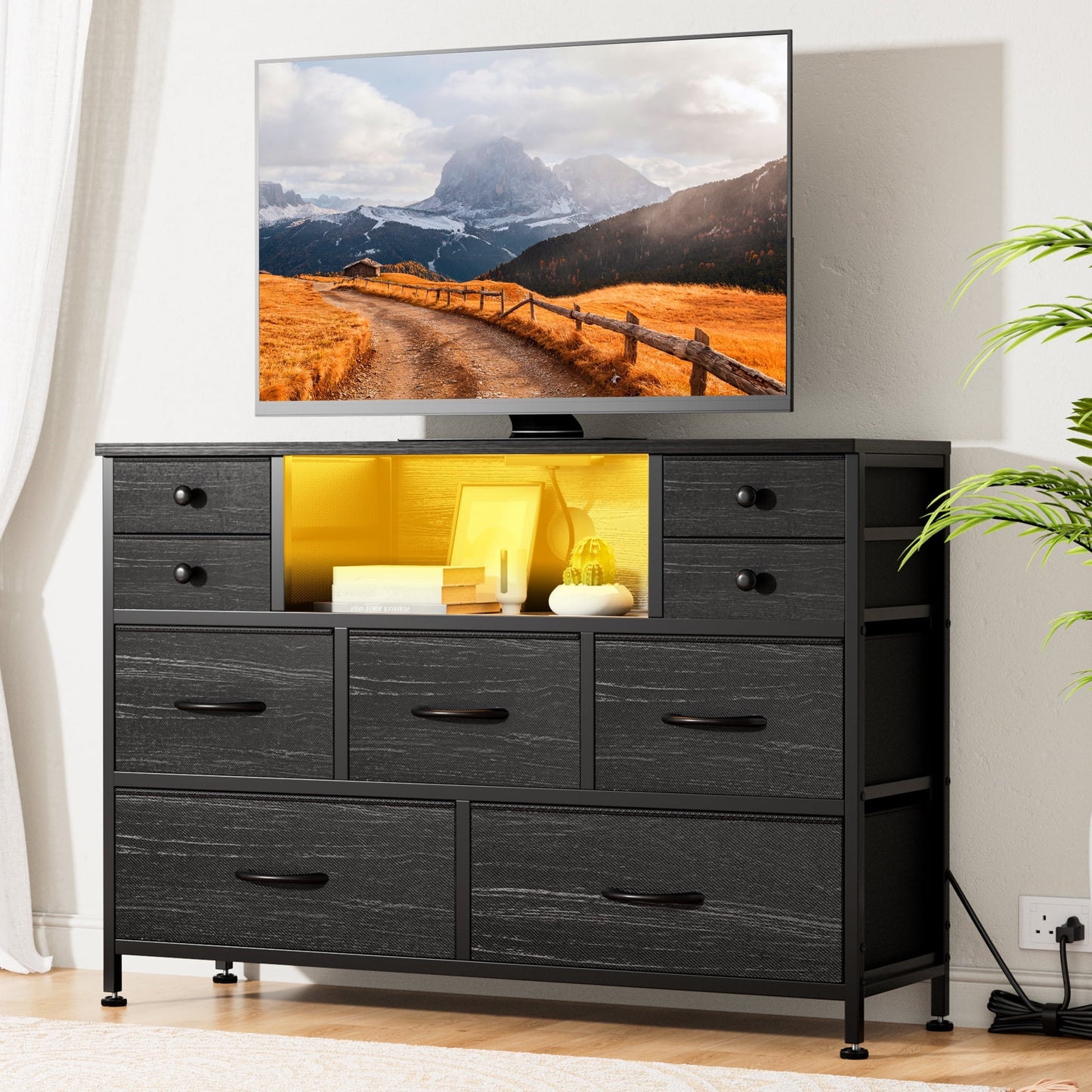 Laintene Bedroom Dresser with LED Lights, 9-Drawer Fabric Chest of Drawers, Black Dresser TV Stand with Power Outlet and Side Pocket, Wide Storage Unit for up to 50" TV