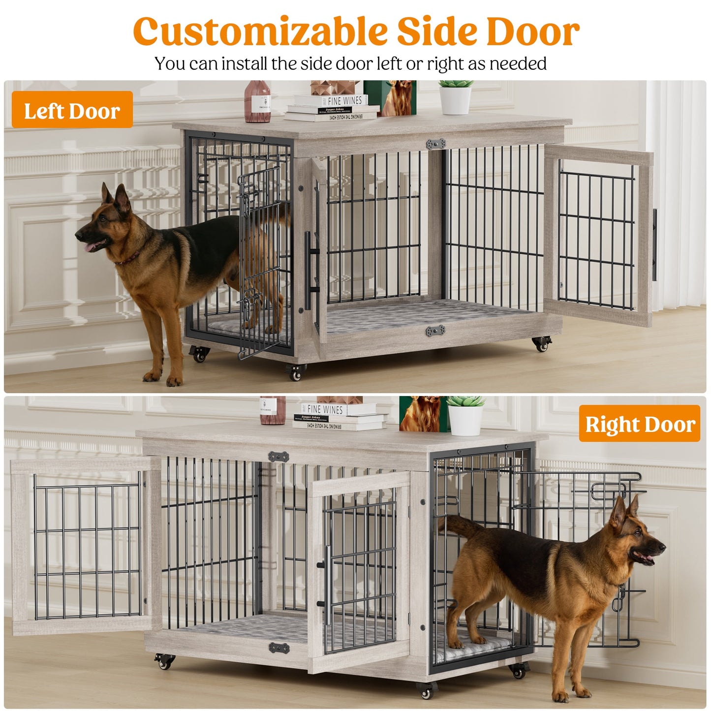 Laintene Dog Crate Furniture, Dog Kennels for Inside with Pads and Wheels, Heavy Duty Pet House for Medium to Large Dogs, Gray
