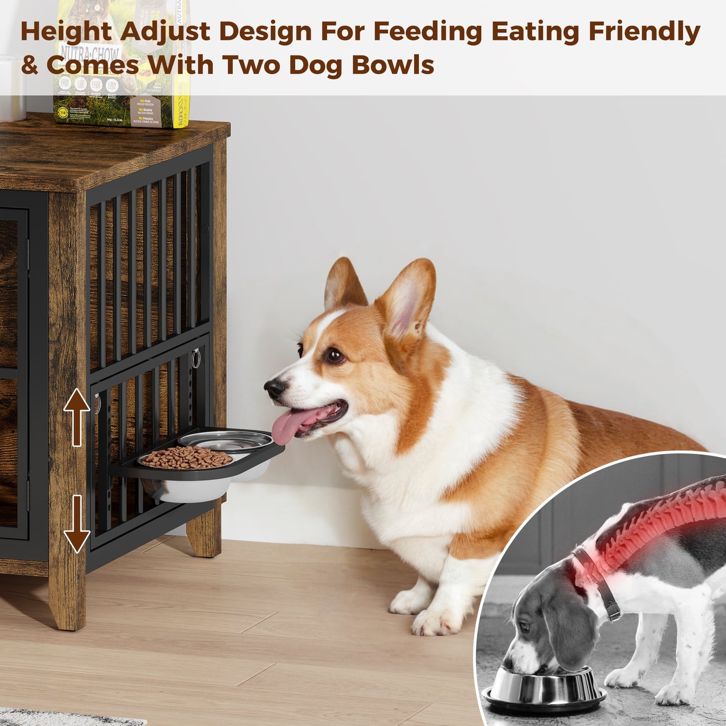 Laintene Dog Crate with Bowls, Heavy Duty Wooden Dog Crate Furniture, 31" Indoor Dog Kennels for Small/Medium Dogs, Brown