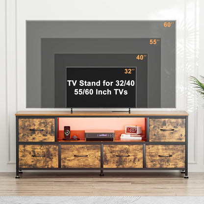 TV Stand Dresser with Power Outlets and LED Lights, 6 Drawer Console for 60 Inch TV, Dresser for Bedroom, Closet, Hallway