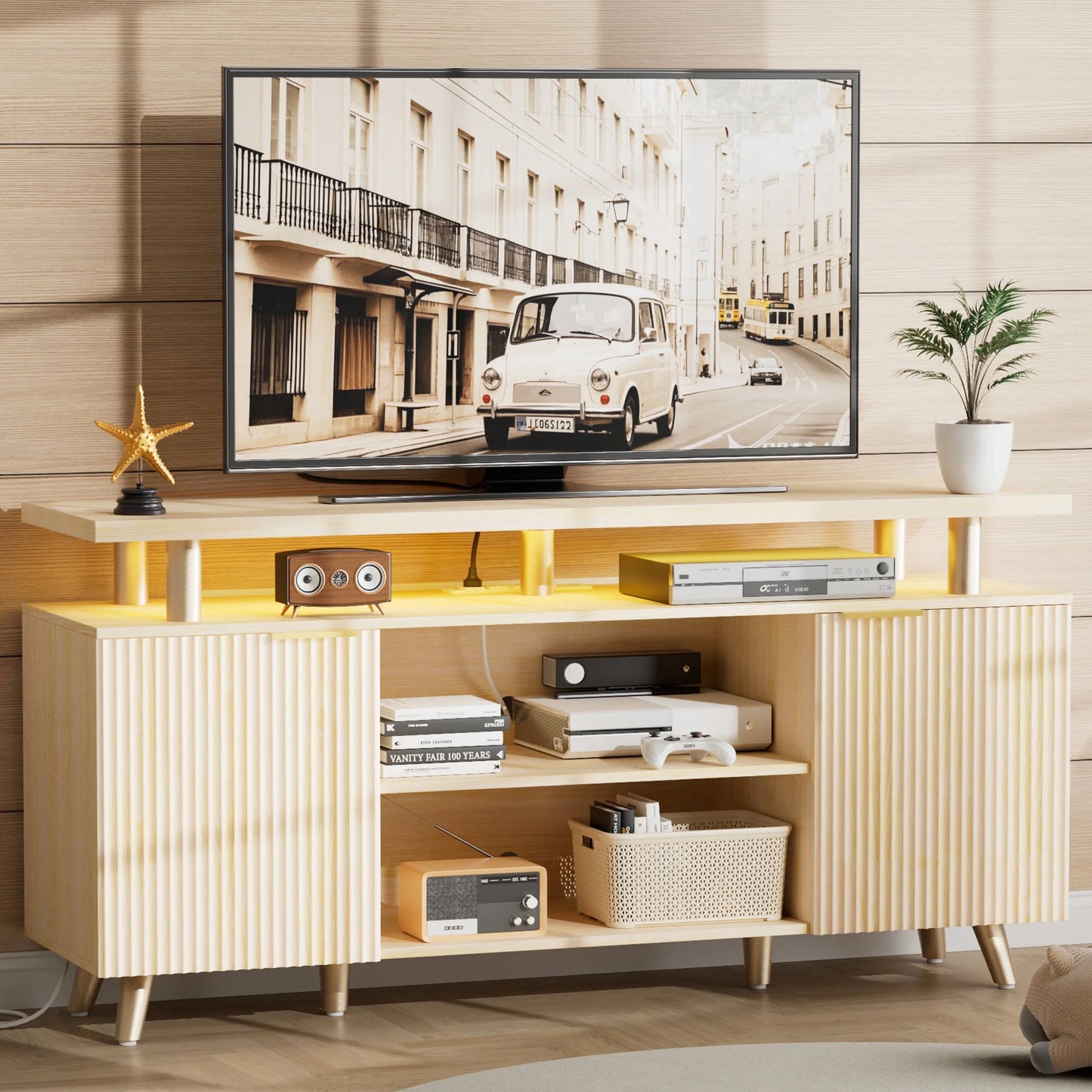 LainTene 65" Fluted LED TV Stand with Power Outlets - Modern Entertainment Center with Adjustable Shelves, Storage Cabinets & Ambient Lighting for Living Room, Natural Finish