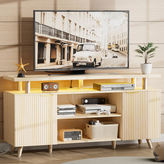 LainTene 65" Fluted LED TV Stand with Power Outlets - Modern Entertainment Center with Adjustable Shelves, Storage Cabinets & Ambient Lighting for Living Room, Natural Finish