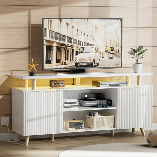 Valu4me TV Stand for 65" TV, LED Entertainment Center with Adjustable Shelves, Storage Cabinets & Power Outlets, Fluted TV Console for Living Room, White Finish