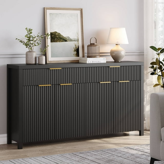 Buffet Cabinet with 2 Drawers, 55" Storage Cabinet with Fluted Panel Doors, Adjustable Shelves for Kitchen, TV Stands for Living Room, Entryway, Black