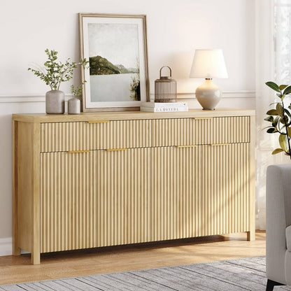 Buffet Cabinet with 2 Drawers, 55" Storage Cabinet with Fluted Panel Doors, Adjustable Shelves for Kitchen, TV Stands for Living Room, Natural Oak