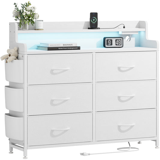 Dresser for Bedroom, 6 Drawer Dresser with LED Lights and Charging Station, Wide Chest of 6 Drawers with Open Space, Modern Large Capacity Storage Cabinet, Living Room, Hallway, White