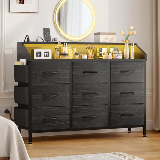 Dresser for Bedroom, 9 Drawer Dresser with LED Lights and Charging Station, Wide Chest of 6 Drawers with Open Space, Modern Large Capacity Storage Cabinet, Living Room, Hallway, Black