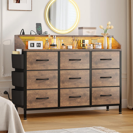 Dresser for Bedroom, 9 Drawer Dresser with LED Lights and Charging Station, Wide Chest of 6 Drawers with Open Space, Modern Large Capacity Storage Cabinet, Living Room, Hallway, Brown