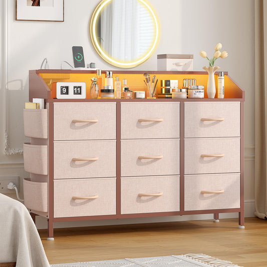 Dresser for Bedroom, 9 Drawer Dresser with LED Lights and Charging Station, Wide Chest of 6 Drawers with Open Space, Modern Large Capacity Storage Cabinet, Living Room, Hallway, Pink