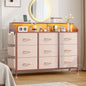 Dresser for Bedroom, 9 Drawer Dresser with LED Lights and Charging Station, Wide Chest of 6 Drawers with Open Space, Modern Large Capacity Storage Cabinet, Living Room, Hallway, Pink