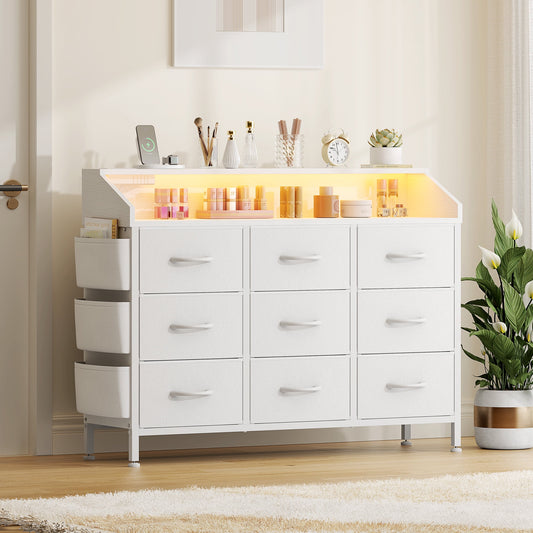 Dresser for Bedroom, 9 Drawer Dresser with LED Lights and Charging Station, Wide Chest of 6 Drawers with Open Space, Modern Large Capacity Storage Cabinet, Living Room, Hallway, White