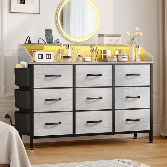 Dresser for Bedroom, 9 Drawer Dresser with LED Lights and Charging Station, Wide Chest of 6 Drawers with Open Space, Modern Large Capacity Storage Cabinet, Living Room, Hallway, Oak