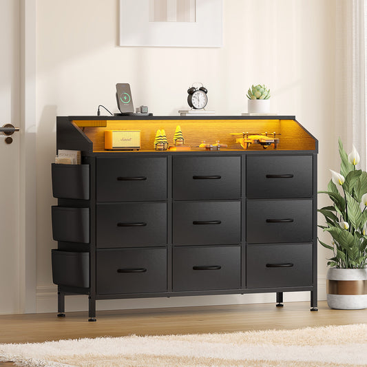 Dresser for Bedroom, 9 Drawer Dresser with LED Lights and Charging Station, Wide Chest of 6 Drawers with Open Space, Modern Large Capacity Storage Cabinet, Living Room, Hallway, Black PU