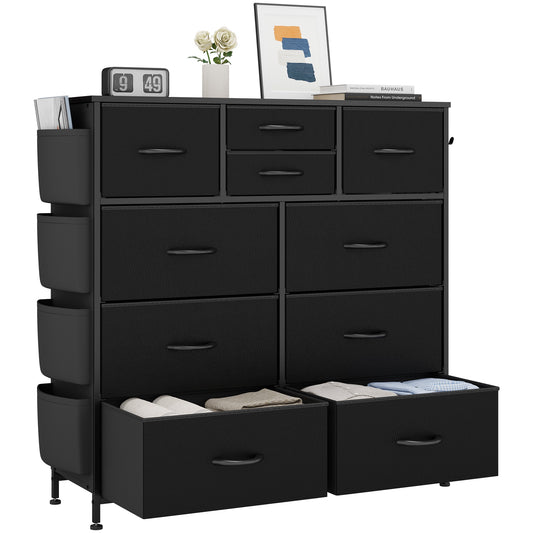 Dresser for Bedroom, Storage Organizer with 10 Drawers, Chest of Drawers with Fabric Bins, Sturdy Metal Frame, Wood Tabletop for Guest Room, Closet, Entryway, Black PU