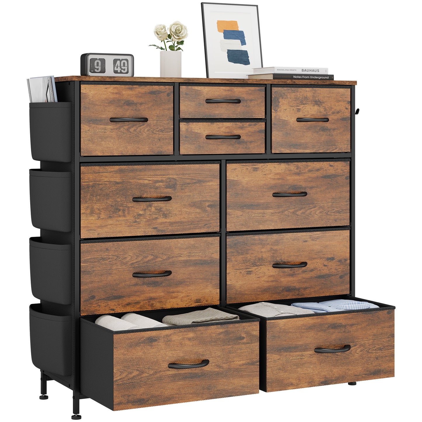 Dresser for Bedroom, Storage Organizer with 10 Drawers, Chest of Drawers with Fabric Bins, Sturdy Metal Frame, Wood Tabletop for Guest Room, Closet, Entryway,Brown